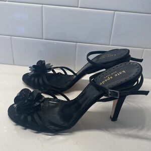 Kate Spade Black Satin Strappy Beaded Flower High Heel Sandals
